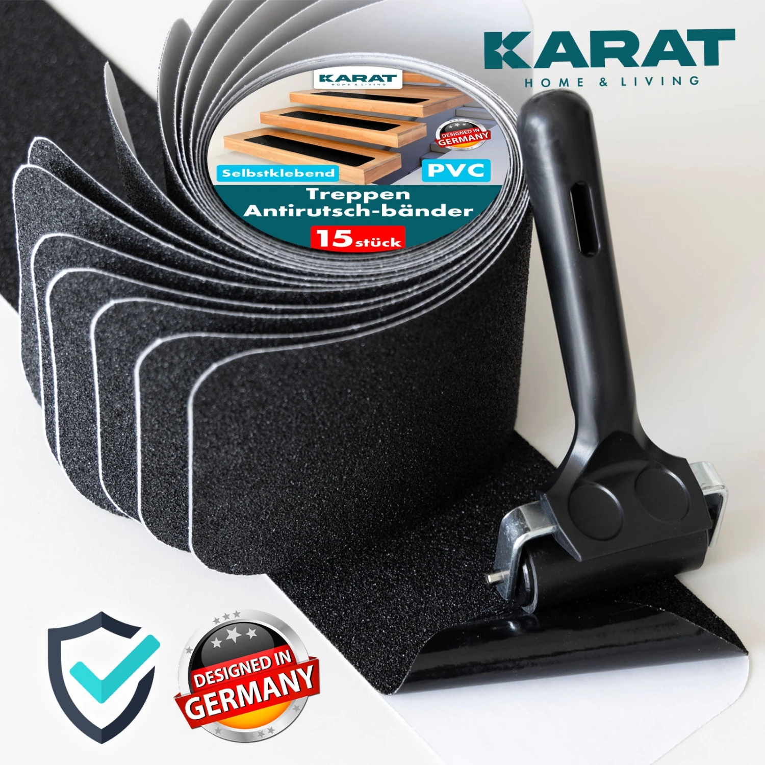 Antirutsch-Streifen Für Treppen | Nicu | Raue Oberfläche | Selbstklebend | 15er Set Inklusive Montageroller | Schwarz | 10 X 61 Cm 3 Antirutsch-Streifen Für Treppen | Nicu | Raue Oberfläche | Selbstklebend | 15er Set Inklusive Montageroller | Schwarz | 10 X 61 Cm