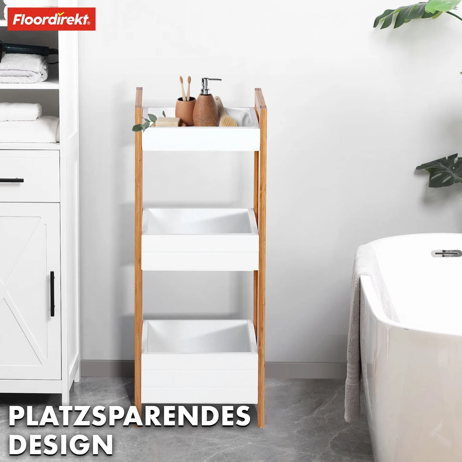 Bambus-Badregal | Texas | 3-Etagen Regal Mit Weißem Design Und Bambus-Beinen 8 Bambus-Badregal | Texas | 3-Etagen Regal Mit Weißem Design Und Bambus-Beinen – Bild 6