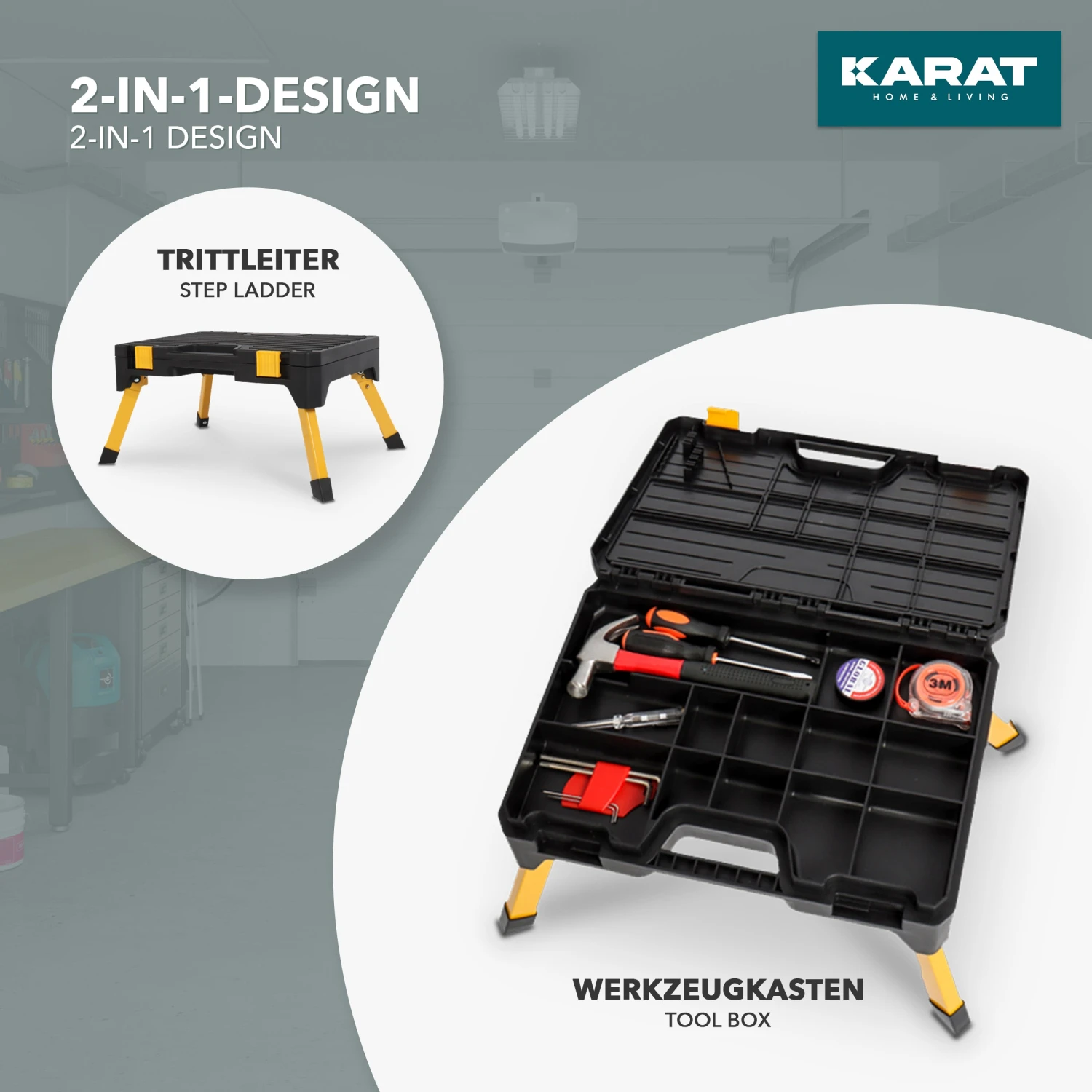 Klapptritt Barry | Kompakte, 1-stufige Trittleiter | Inkl. Integriertem Werkzeugkasten | Belastbar Bis 150 Kg | Einfach Zu Transportieren 4 Klapptritt Barry | Kompakte, 1-stufige Trittleiter | Inkl. Integriertem Werkzeugkasten | Belastbar Bis 150 Kg | Einfach Zu Transportieren – Bild 2