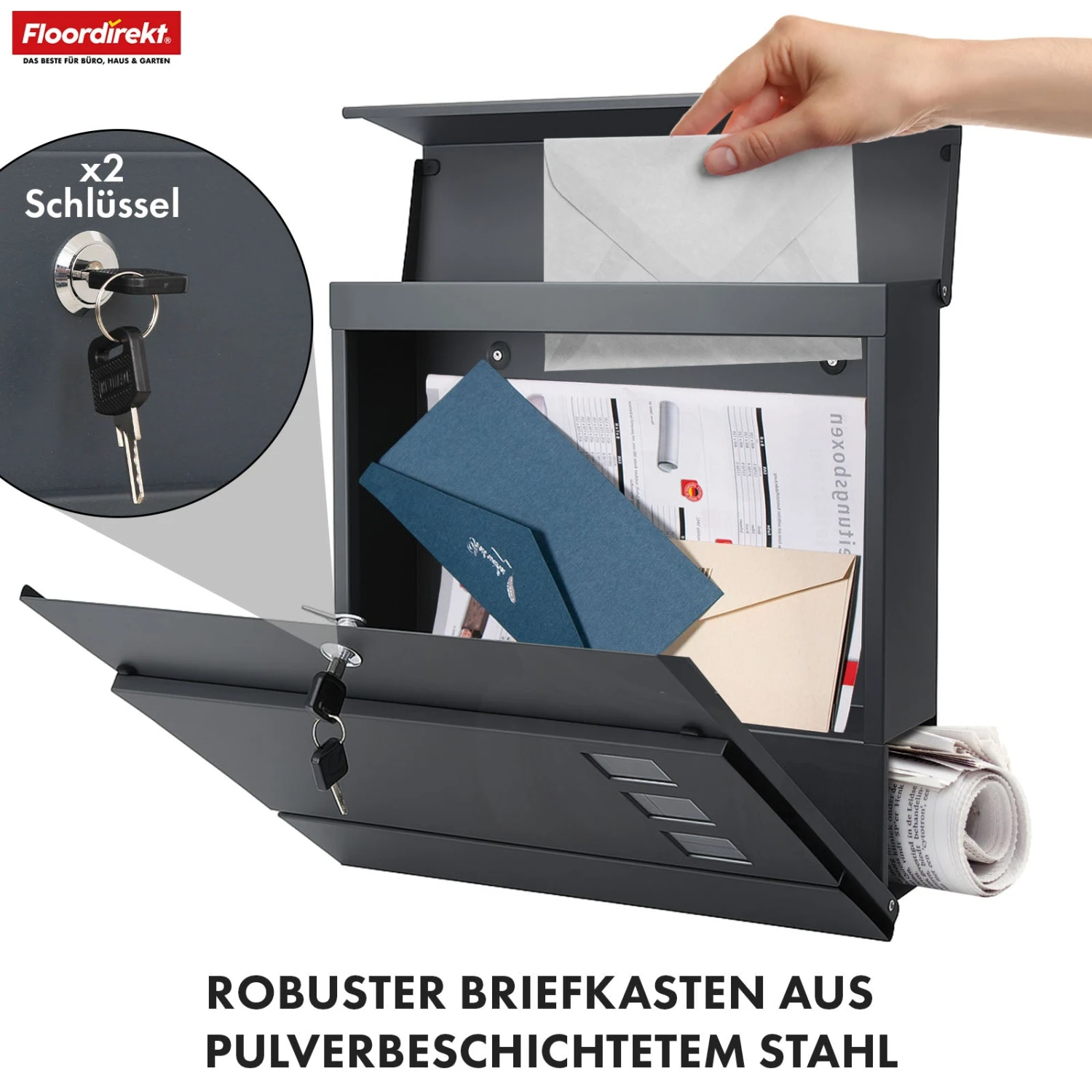 Briefkasten | Jules | Anthrazitfarbener Wandbriefkasten Mit Sichtfenstern Und Zeitungsfach 5 Briefkasten | Jules | Anthrazitfarbener Wandbriefkasten Mit Sichtfenstern Und Zeitungsfach – Bild 3
