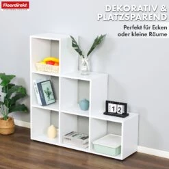 Bücherregal | Carolina | Weißes Stufenregal Aus MDF Mit 6 Fächern Für Bücher, Pflanzen & Deko 11 Bücherregal | Carolina | Weißes Stufenregal Aus MDF Mit 6 Fächern Für Bücher, Pflanzen & Deko -Floordirekt BuecherregalCarolina 3