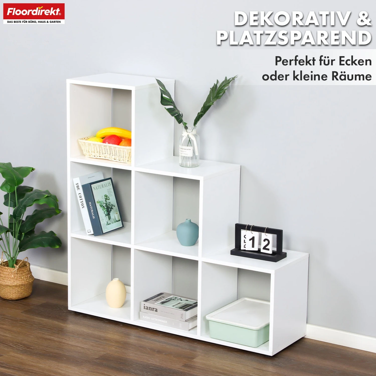 Bücherregal | Carolina | Weißes Stufenregal Aus MDF Mit 6 Fächern Für Bücher, Pflanzen & Deko 5 Bücherregal | Carolina | Weißes Stufenregal Aus MDF Mit 6 Fächern Für Bücher, Pflanzen & Deko – Bild 3