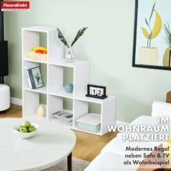 Bücherregal | Carolina | Weißes Stufenregal Aus MDF Mit 6 Fächern Für Bücher, Pflanzen & Deko 15 Bücherregal | Carolina | Weißes Stufenregal Aus MDF Mit 6 Fächern Für Bücher, Pflanzen & Deko -Floordirekt BuecherregalCarolina 7