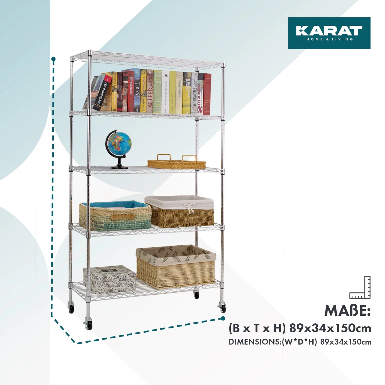 Gitterregal Mit Rollen Maya | 5 Böden | Für Wohnzimmer, Bad Oder Keller | 89 X 34 X 150 Cm | In 2 Farben 11 Gitterregal Mit Rollen Maya | 5 Böden | Für Wohnzimmer, Bad Oder Keller | 89 X 34 X 150 Cm | In 2 Farben – Bild 9