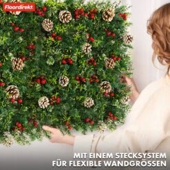 Pflanzenwand | Festive | Weihnachtliche Deko Mit Roten Beeren, Tannenzapfen & Grünen Akzenten | 50 X 50 Cm -Floordirekt KunstPflanzen 5.Festive