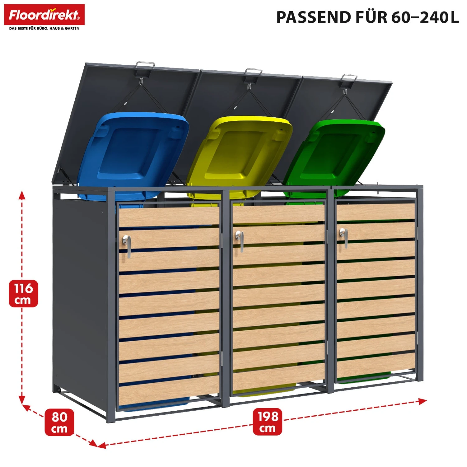 Mülltonnenbox | Johan | Anthrazitfarbene Mülltonnenverkleidung Mit Holzdekor Und Robustem Edelstahlrahmen | 1–3 Türen | Mülltonnenaufbewahrung Für 60–240 L 18 Mülltonnenbox | Johan | Anthrazitfarbene Mülltonnenverkleidung Mit Holzdekor Und Robustem Edelstahlrahmen | 1–3 Türen | Mülltonnenaufbewahrung Für 60–240 L – Bild 16