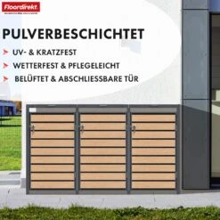 Mülltonnenbox | Johan | Anthrazitfarbene Mülltonnenverkleidung Mit Holzdekor Und Robustem Edelstahlrahmen | 1–3 Türen | Mülltonnenaufbewahrung Für 60–240 L 38 Mülltonnenbox | Johan | Anthrazitfarbene Mülltonnenverkleidung Mit Holzdekor Und Robustem Edelstahlrahmen | 1–3 Türen | Mülltonnenaufbewahrung Für 60–240 L -Floordirekt MuelltonnenboxJonah 17