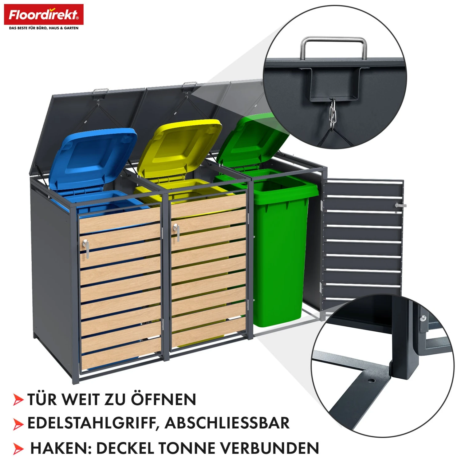 Mülltonnenbox | Johan | Anthrazitfarbene Mülltonnenverkleidung Mit Holzdekor Und Robustem Edelstahlrahmen | 1–3 Türen | Mülltonnenaufbewahrung Für 60–240 L 20 Mülltonnenbox | Johan | Anthrazitfarbene Mülltonnenverkleidung Mit Holzdekor Und Robustem Edelstahlrahmen | 1–3 Türen | Mülltonnenaufbewahrung Für 60–240 L – Bild 18