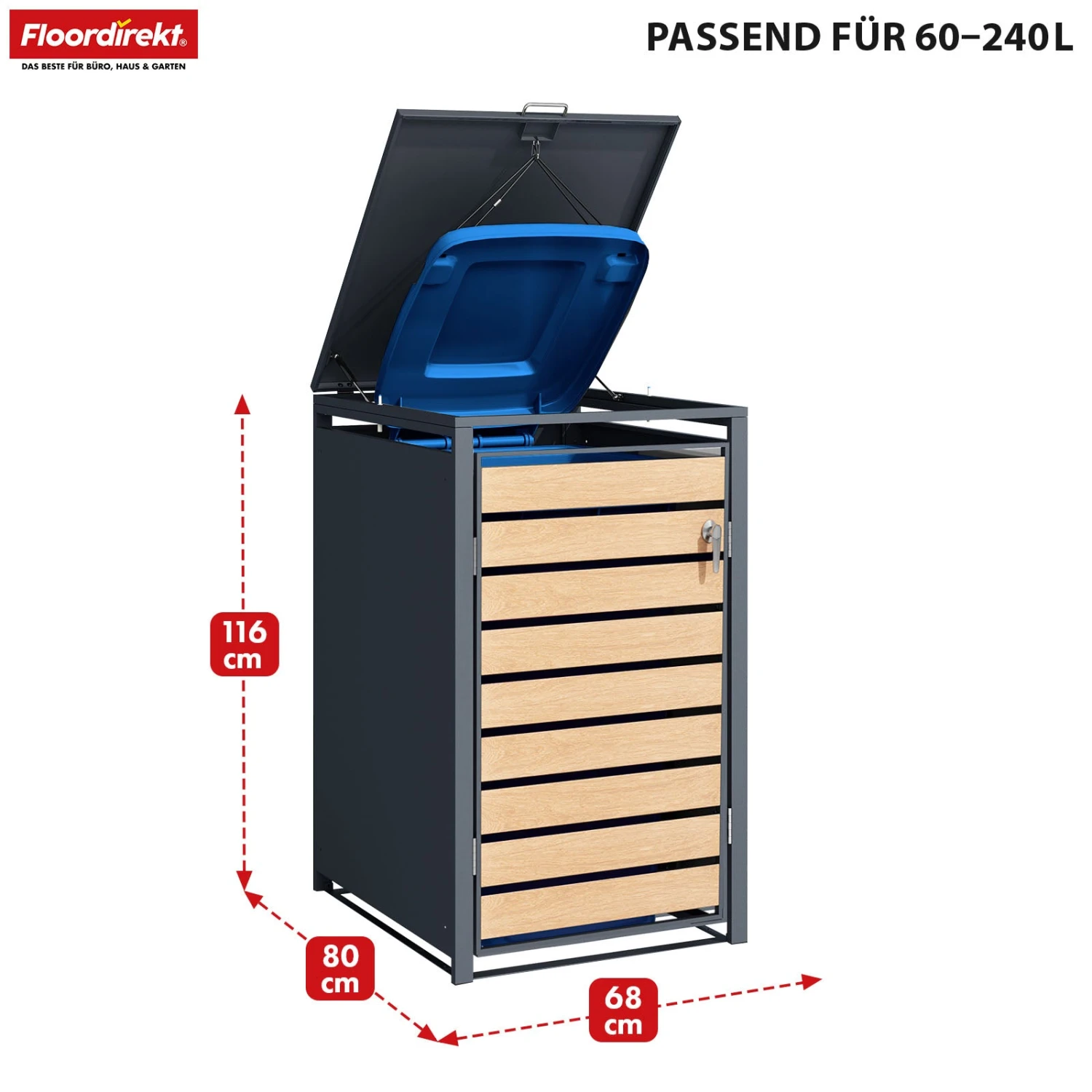 Mülltonnenbox | Johan | Anthrazitfarbene Mülltonnenverkleidung Mit Holzdekor Und Robustem Edelstahlrahmen | 1–3 Türen | Mülltonnenaufbewahrung Für 60–240 L 4 Mülltonnenbox | Johan | Anthrazitfarbene Mülltonnenverkleidung Mit Holzdekor Und Robustem Edelstahlrahmen | 1–3 Türen | Mülltonnenaufbewahrung Für 60–240 L – Bild 2