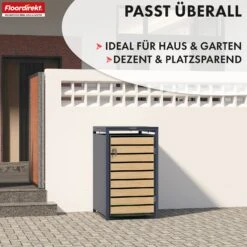 Mülltonnenbox | Johan | Anthrazitfarbene Mülltonnenverkleidung Mit Holzdekor Und Robustem Edelstahlrahmen | 1–3 Türen | Mülltonnenaufbewahrung Für 60–240 L 28 Mülltonnenbox | Johan | Anthrazitfarbene Mülltonnenverkleidung Mit Holzdekor Und Robustem Edelstahlrahmen | 1–3 Türen | Mülltonnenaufbewahrung Für 60–240 L -Floordirekt MuelltonnenboxJonah 7