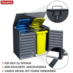 Mülltonnenbox | Magnus | Wetterfeste Anthrazitfarbene Mülltonnenverkleidung Mit Edelstahlrahmen | 1–3 Türen | Für 60–240 L Mülltonnen Geeignet 32 Mülltonnenbox | Magnus | Wetterfeste Anthrazitfarbene Mülltonnenverkleidung Mit Edelstahlrahmen | 1–3 Türen | Für 60–240 L Mülltonnen Geeignet -Floordirekt MuelltonnenboxMagnus 11