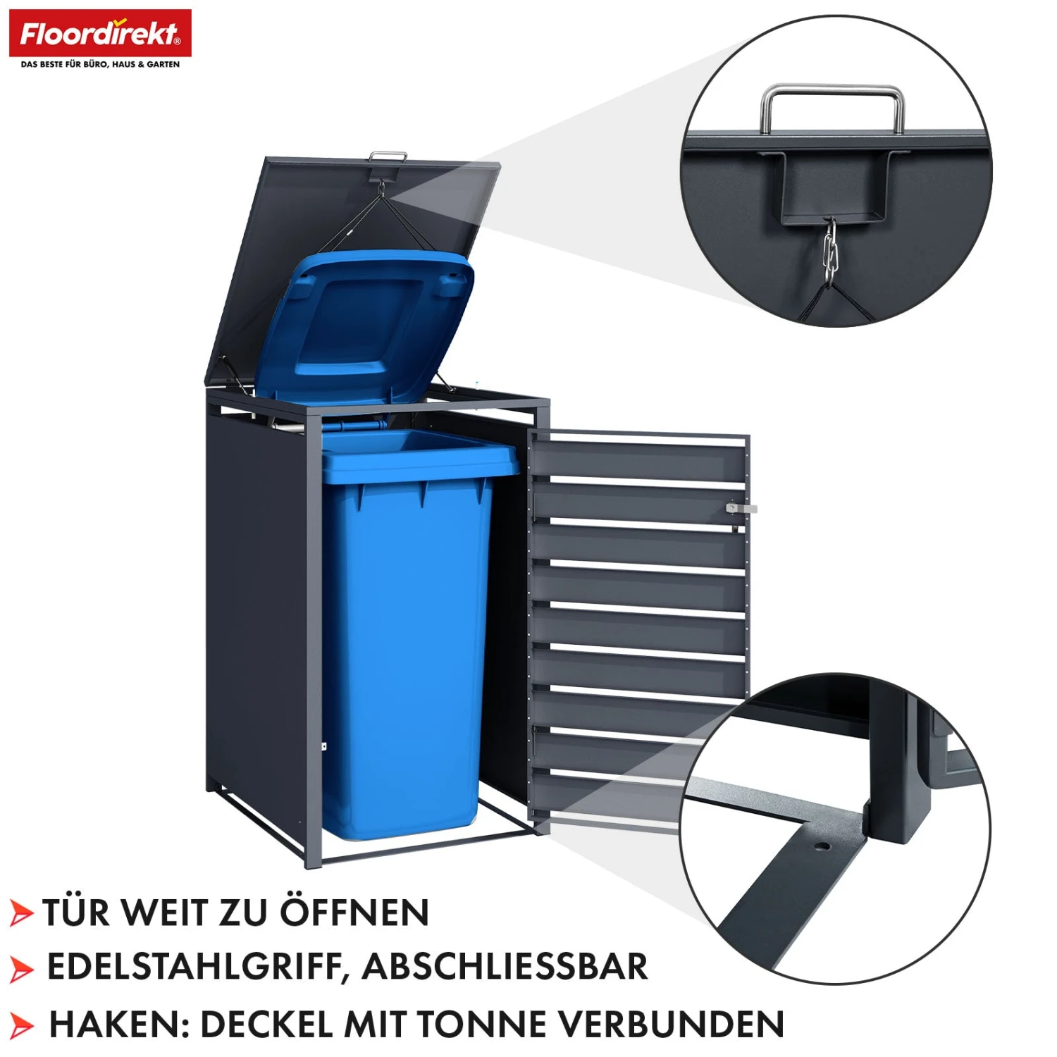 Mülltonnenbox | Magnus | Wetterfeste Anthrazitfarbene Mülltonnenverkleidung Mit Edelstahlrahmen | 1–3 Türen | Für 60–240 L Mülltonnen Geeignet 6 Mülltonnenbox | Magnus | Wetterfeste Anthrazitfarbene Mülltonnenverkleidung Mit Edelstahlrahmen | 1–3 Türen | Für 60–240 L Mülltonnen Geeignet – Bild 4