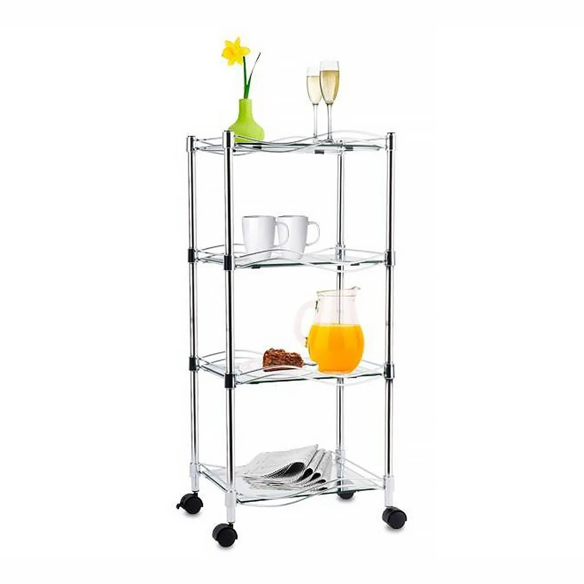 Glasregal Luna | Regal Mit 4 Ebenen Und Rollen 4 Glasregal Luna | Regal Mit 4 Ebenen Und Rollen – Bild 2