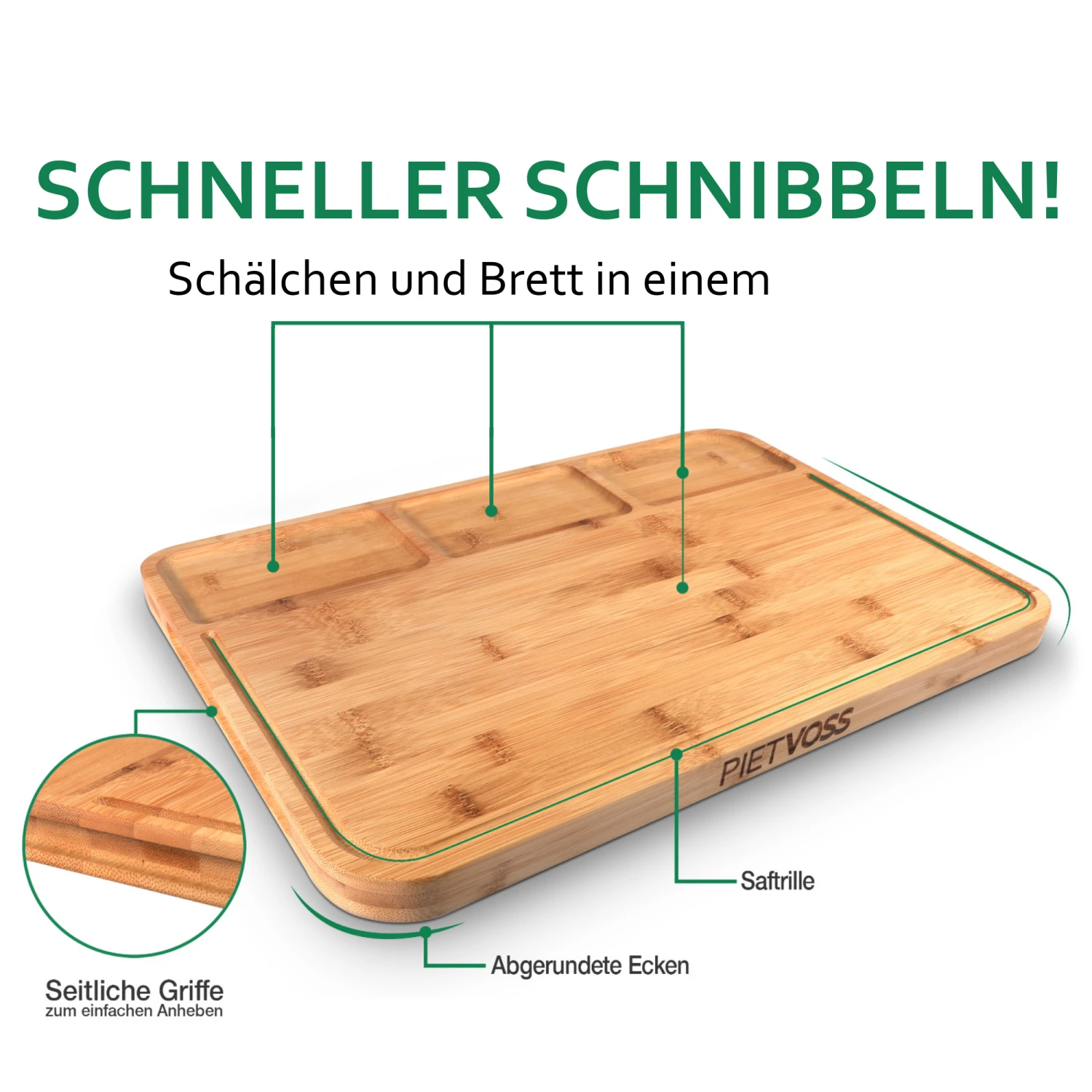 PIETVOSS Schneidebrett Aus Bambus-Holz | Küchenbrett | Mit Auffangschale, Saftrille & Gummifüßen | 44,5 X 30 X 2,5 Cm 4 PIETVOSS Schneidebrett Aus Bambus-Holz | Küchenbrett | Mit Auffangschale, Saftrille & Gummifüßen | 44,5 X 30 X 2,5 Cm – Bild 2